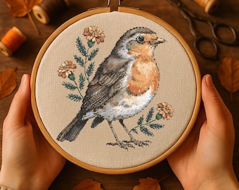 Floral Robin Bird Cross Stitch Pattern, Elegant Bird, Wildflowers Embroidery, Cottagecore Needlework, Botanical Songbird Stitch Pattern PDF