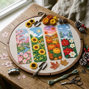 This cross stitch bookmark collection celebrates the beauty of all four seasons through detailed floral and landscape scenes. Spring features blooming cherry blossoms and a peaceful stream, summer showcases vibrant sunflowers beneath a sunny sky, autumn glows with warm golden chrysanthemums and colorful falling leaves, while winter presents elegant poinsettias against a snowy landscape. Together, the designs create a stunning seasonal journey through nature's changing beauty.