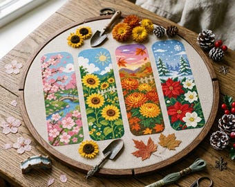 Patrón de punto de cruz para marcapáginas con flores de temporada: bordado en PDF para primavera, verano, otoño e invierno.