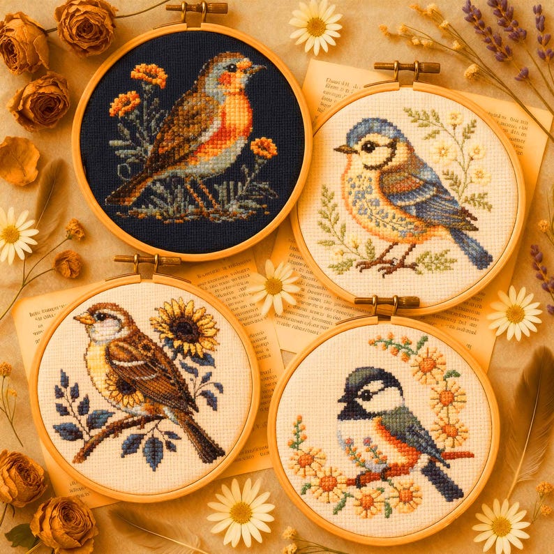Immerse yourself in the darker charm of the collection — gothic witches, spellbooks, moons, ravens, and enchanted forests stitched in intricate detail. These witchy cross stitch patterns blend fantasy and elegance, perfect for Halloween decor or year-round magical stitching. Every design includes full DMC color charts, high-resolution printable PDFs, and both black-and-white and color versions for easy readability. The deep blacks, silvers, and purples create a haunting yet beautiful atmosphere