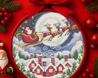 空飛ぶサンタクロースとトナカイのクロスステッチパターン（PDF