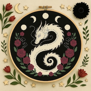 Celestial Moon Dragon Cross Stitch Pattern, Mystical Fantasy Dragon Halloween Embroidery, Spooky Halloween beginner stitching Pattern PDF