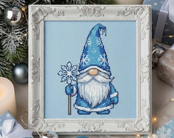 Nordic Blue Winter Gnome Cross Stitch Pattern: Christmas Embroidery PDF with Snowflake Staff