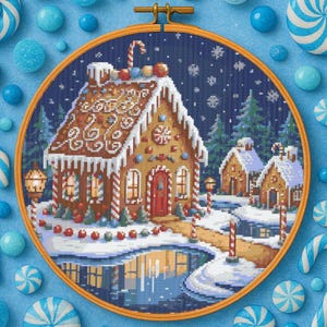 Christmas Gingerbread House Cross Stitch Pattern Cute Candy House Village Embroidery Pattern Gingerbread Cottage for Cozy Christmas Decor