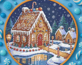 Christmas Gingerbread House Cross Stitch Pattern Cute Candy House Village Embroidery Pattern Gingerbread Cottage for Cozy Christmas Decor