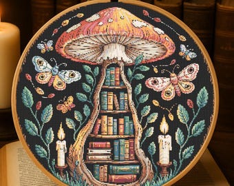 Verzauberte Pilz Bücherregal Kreuzstich Muster Wald Bücherregal mit Schmetterlingen Stickerei Pilz Bibliothek Kreuzstich