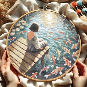 Girl by the Water Cross Stitch Pattern, Serene Nature Embroidery, Koi Fish & Reflection Art, DIY Tranquil Needlework, Koi Fish Cross Stitch