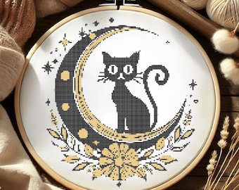 Celestial Black Cat Cross Stitch Pattern, Witchy Moon and Stars Embroidery, Mystical Halloween Cat Decor, DIY Gothic Cross-Stitch PDF