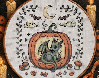 Baby Dragon Pumpkin Cross Stitch Pattern Fantasy Dragon Halloween Embroidery Autumn Mythical Cute Baby Dragon Sleeping Cross Stitch PDF