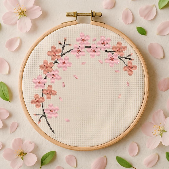 桜の花のクロスステッチパターン 桜の枝の刺繍 花のステッチャーと自然