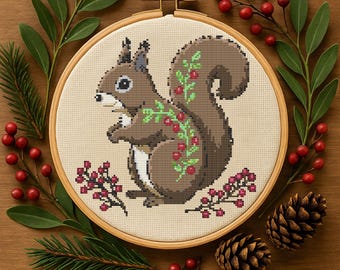 Woodland Squirrel Cross Stitch Pattern, Forest Squirrel Wildflowers Embroidery, Autumn Nature Needlework,Squirrel Cross Stitch Pattern PDF