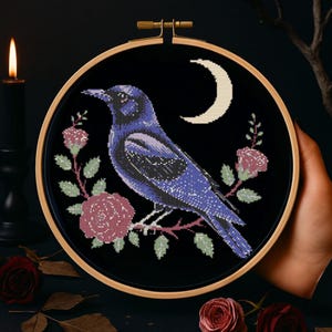 Black Raven Cross Stitch Pattern Gothic Raven Fantasy Embroidery Witchy Woodland Halloween spooky Raven Bird Cross Stitch Pattern Beginner
