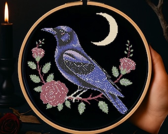 Black Raven Cross Stitch Pattern Gothic Raven Fantasy Embroidery Witchy Woodland Halloween spooky Raven Bird Cross Stitch Pattern Beginner