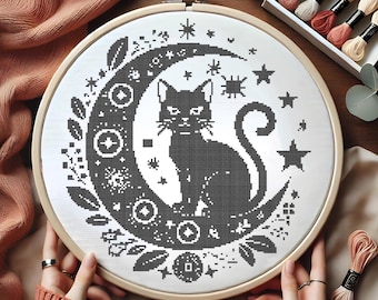 Moonlit Black Cat & Crescent Moon Cross Stitch Pattern, Halloween Gothic Embroidery, Witchy Celestial Cat Needlework, Witch Cross Stitch