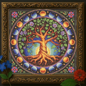 Moon Phases Tree of Life Cross Stitch Pattern Magical Lunar Tree Stained Glass Embroidery Fantasy Celestial Tree Surrounded Cross Stitch PDF