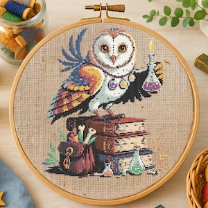 Magical Apothecary Owl Book Cross Stitch Pattern Cute Witchy Owl Embroidery Pattern Wizard Halloween Bird Cross Stitch For Beginner Lovers