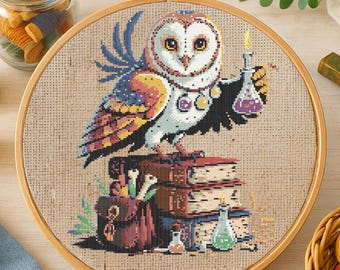 Libro del gufo magico dell'erborista, schema per punto croce, simpatico modello per ricamo a punto croce di un gufo stregonesco, uccello di Halloween, per principianti.