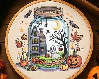 Halloween Geisterhaus Glas Kreuzstich-Muster Gruseliges Halloween Glas Mit Geist Stickerei Gruselige Halloween Geist Kürbisse Kreuzstich PDF