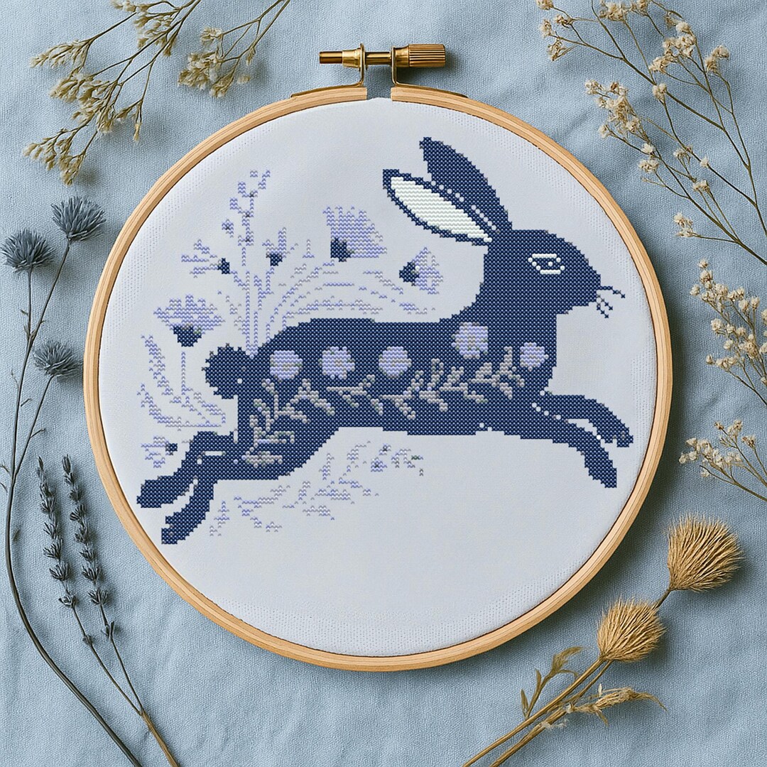 Botanical Floral Bunny Cross Stitch Pattern Floral Rabbit Embroidery ...