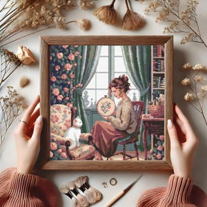 Floral Sewing Girl Cross Stitch Pattern, Nature-Inspired Cross Stitch Chart, Counted Cross Stitch, Embroidery, PDF Instant Download