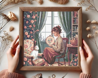 May include: A framed cross-stitch embroidery depicting a woman sitting in a floral armchair, working on a floral embroidery hoop. A white cat sits beside her. The scene is set in a cozy room with a window and a bookshelf.