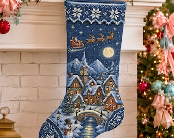 Snowy Village Christmas Stocking Cross Stitch Pattern: Winter Night Holiday Embroidery PDF