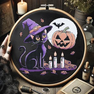 Halloween Witch Cat Cross Stitch Pattern, Spooky Black Cat & Pumpkin Embroidery, Full Moon Candles Needlework, Cute Halloween Stitch Pattern