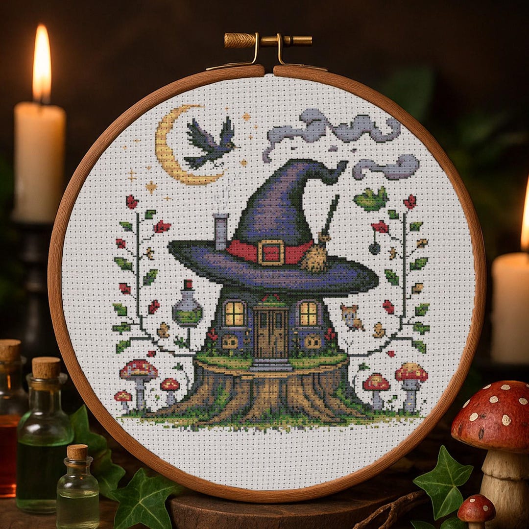 Witch Hat House Cross Stitch Pattern Halloween Fantasy Cottage ...