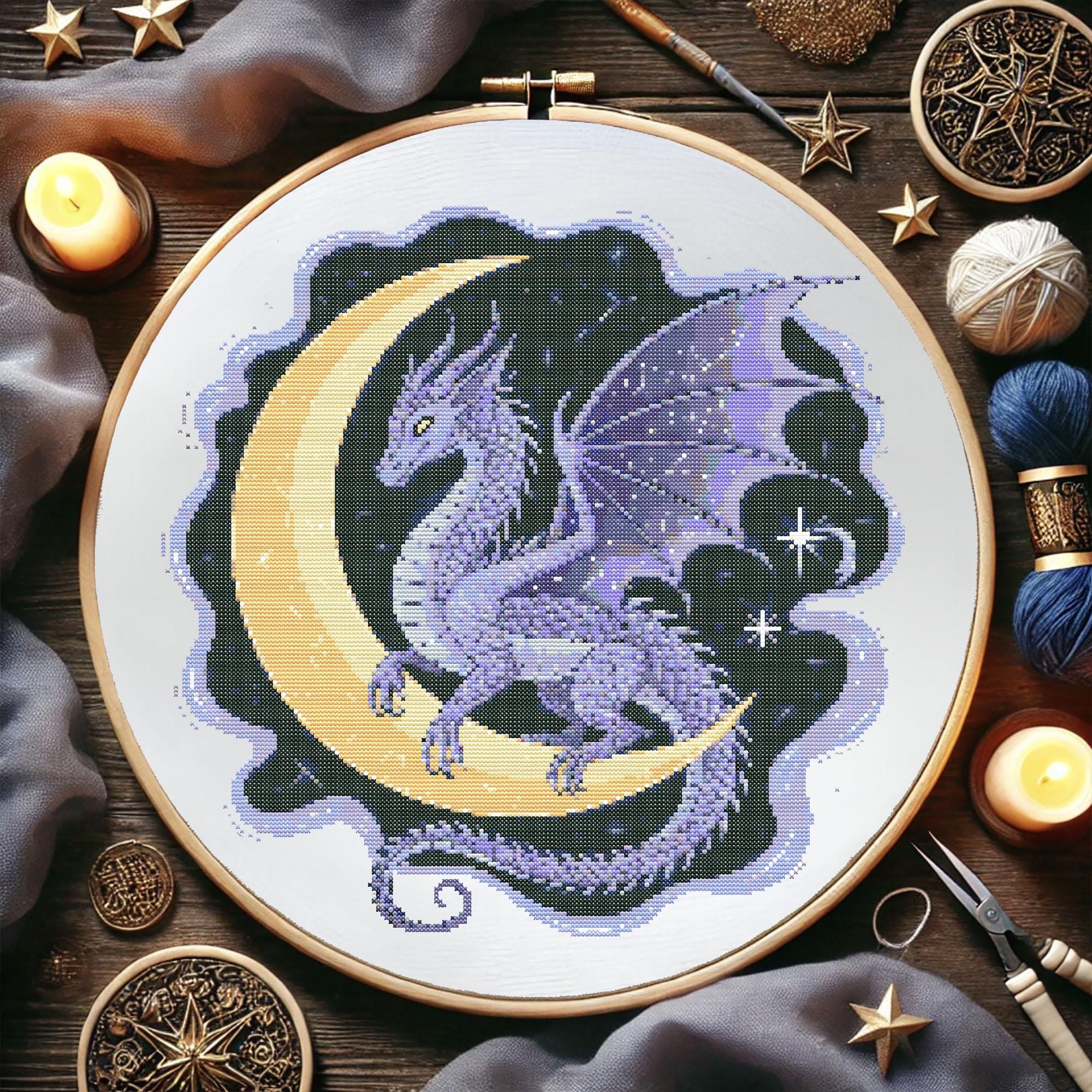 Celestial Dragon Cross Stitch Pattern, Moonlit Fantasy Embroidery ...