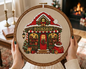 Patrón de punto de cruz navideño para amantes de los libros: Bordado en PDF de regalos de invierno en una acogedora librería nevada