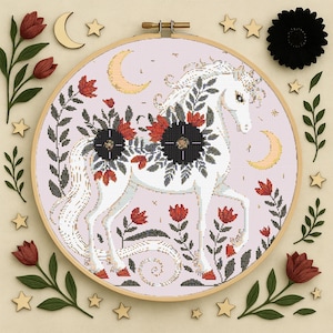 Celestial Floral Unicorn Cross Stitch Pattern, Floral Mythical Creature Embroidery, Fantasy Halloween beginner stitching Pattern PDF