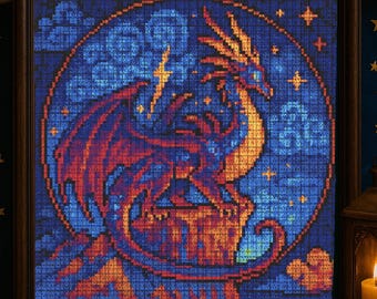 Padrão de ponto cruz de dragão relâmpago rugindo, bordado de dragão elétrico mágico, céu celestial para ponto cruz de fantasia em PDF para amantes