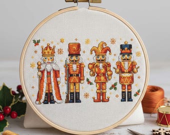 Golden Nutcracker Quartet Cross Stitch Pattern: Christmas Embroidery PDF with King, Soldier, Jester, and Drummer
