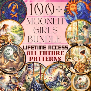 Enchanted Girls Cross Stitch Mega Bundle 100+ wzorów Dostęp na całe życie Celestial Magic Feminine Fantasy Embroidery Natychmiastowe pobieranie pliku PDF