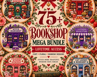 Paquete de más de 75 diseños de punto de cruz de librerías: patrones acogedores de librerías para Navidad, Halloween, otoño, fantasía y flores.