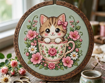 Patrón de punto de cruz de gatito en taza de té: adorable bordado de gato con estampado floral estilo cottagecore en PDF