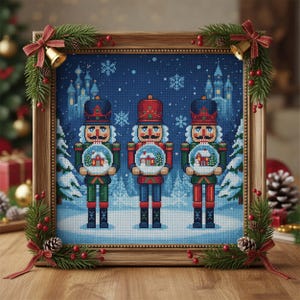 Könnte beinhalten: Ein gerahmtes Kreuzstichbild mit drei Spielzeugsoldaten, die Schneekugeln halten. Die Soldaten tragen rote, grüne und blaue Uniformen. Der Rahmen ist mit festlichem Grün, roten Beeren und Glocken verziert, was ein weihnachtliches Thema ergibt. Der Rahmen ist ca. 25 cm groß.