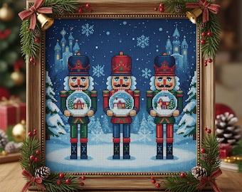 Nutcracker Trio Cross Stitch Pattern: Christmas Embroidery PDF with Snow Globes and Castles