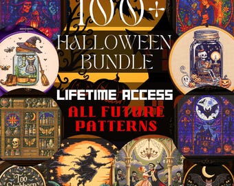 Paquete de punto de cruz de Halloween: más de 100 patrones. Acceso de por vida. Esqueletos espeluznantes de brujas. Escenas góticas. Bordado. Descarga instantánea en PDF.
