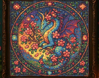 Cherry Blossoms Dragon Cross Stitch Pattern Magical Floral Dragon Embroidery Fantasy Dragon Surrounded Garden Stained Glass Cross Stitch PDF