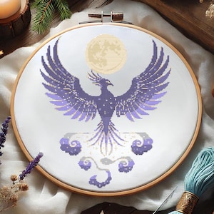 Celestial Phoenix Rising Cross Stitch Pattern, Mythical Bird Embroidery, Night Sky and Moon Fantasy Cross Stitch, DIY Elegant Needlework