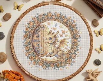 Garden Baby Dragon Cross Stitch Pattern: Fantasy Floral Dragon Embroidery PDF