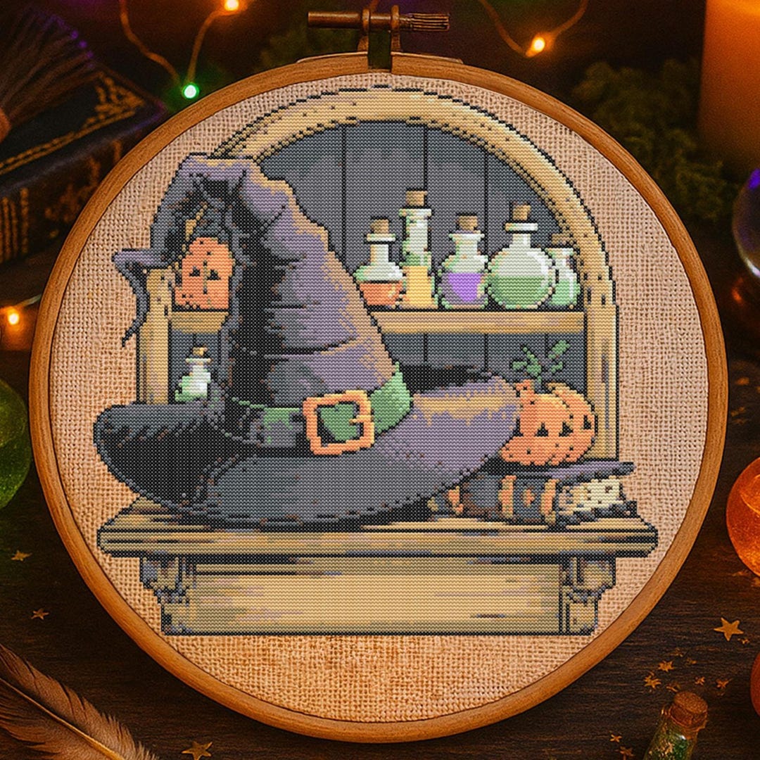 Witch Hat With Spellbooks Cross Stitch Pattern Halloween Shelf ...