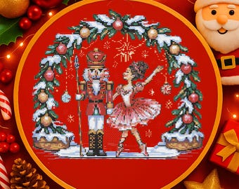 Patrón de punto de cruz de ballet Cascanueces navideño Patrón de bordado de bailarina navideña y soldado de juguete Cascanueces navideño en PDF