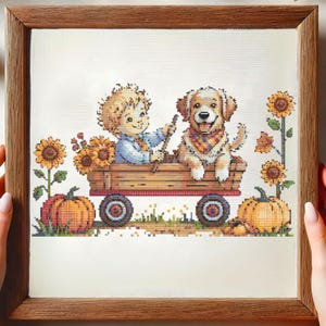 Autumn Boy and Dog Wagon Cross Stitch Pattern Fall Kid and Puppy Embroidery Pattern Thanksgiving Holiday Cross Stitch PDF Autumn Lovers