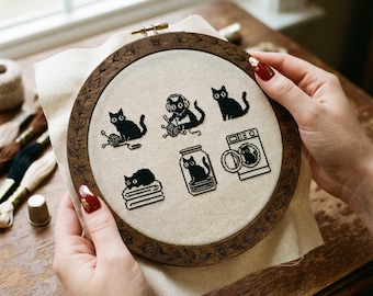 Minimalist Black Cat Cross Stitch Pattern : Kawaii Cat Mini Scenes Blackwork Embroidery PDF