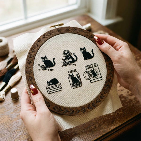 Patrón de punto de cruz de gato negro minimalista: miniescenas de gatos kawaii con bordado Blackwork en PDF