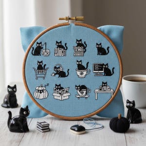 This minimalist cross-stitch pattern features a collection of charming black cat illustrations captured in everyday activities such as reading books, traveling, drinking tea, working at a computer, and relaxing in playful poses. The clean monochrome style creates a calm and modern aesthetic that’s easy to stitch and visually striking once finished. Perfect for cat lovers, cozy décor enthusiasts, and stitchers who enjoy simple yet expressive designs, this pattern brings warmth and personality