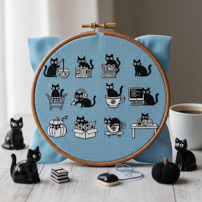This minimalist cross-stitch pattern features a collection of charming black cat illustrations captured in everyday activities such as reading books, traveling, drinking tea, working at a computer, and relaxing in playful poses. The clean monochrome style creates a calm and modern aesthetic that’s easy to stitch and visually striking once finished. Perfect for cat lovers, cozy décor enthusiasts, and stitchers who enjoy simple yet expressive designs, this pattern brings warmth and personality