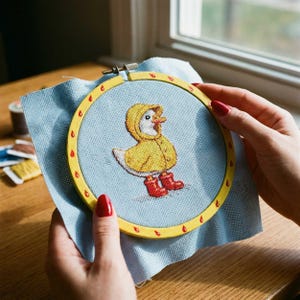 May include: A cross-stitch embroidery hoop showing a duck in a yellow raincoat and red wellington boots. The duck is stitched on light blue fabric, held within a yellow hoop with red raindrop accents. The craft project is in progress.